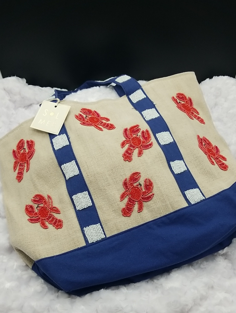 Sol and Mer Brand New with Tags Canvas Red, White & Blue Beaded Lobster Tote Bag